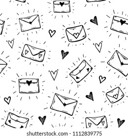 Letter doodle seamless pattern. Love letters. Doodle style pattern. Hand drawn envelope.