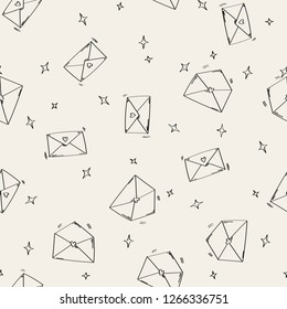 Letter doodle seamless pattern. Love letters with stars. Doodle style pattern. Hand drawn envelope.
