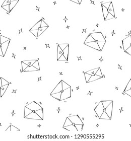 Letter doodle seamless pattern. Love letters with stars. Doodle style pattern. Hand drawn envelope.