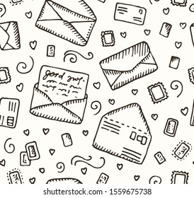Letter doodle seamless pattern. Love hearts letters. Doodle style pattern. Hand drawn envelope.
