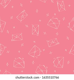Letter doodle seamless pattern. Love envelope with stars. Doodle style pattern for valentines day. Hand drawn envelope.
