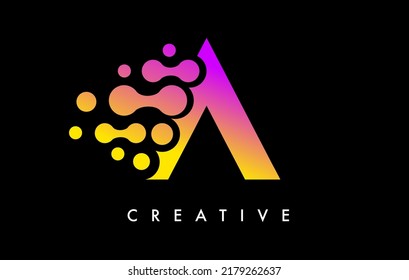 Letter A Dots Logo Design with Purple Yellow Colors on Black Background Vector. Bubbles Letter Logo Icon Vector Illustration