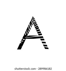 Letter A double exposure with black palm leaf  isolated. Vector illustration.Black and white double exposure silhouette letters combined with photograph of nature. 