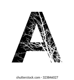  Letter A double exposure with white tree isolated on black background.Vector illustration.Black and white double exposure silhouette lettering combined with photograph of nature. Letters  alphabet.