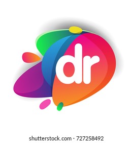 Letter DR logo with colorful splash background, letter combination logo design for creative industry, web, business and company.