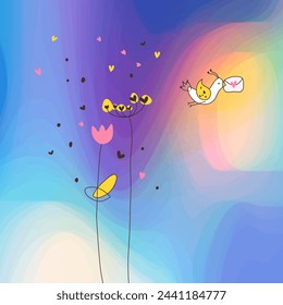 Letter. Drawing. Flowers. Bird sending message to love ones. Wall decor.