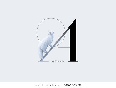 Letter A drop cap initial decorated with white arctic fox in minimal style