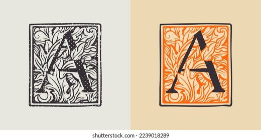 Logo de una gota de carta con el estilo medieval grabado. Conjunto de iniciales iluminadas en forma de cuadrado monocromo y color tenue. Perfecto para identidad de primera calidad vintage, afiches de la Edad Media, embalaje de lujo.