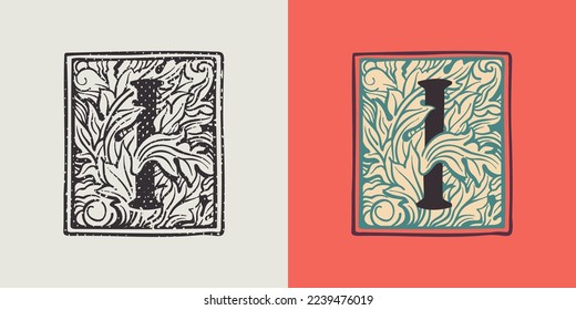 I letter drop cap logo in engraved medieval style. Set of dim colored and monochrome square shaped illuminated initials. Perfect for vintage premium identity, Middle Ages posters, luxury packaging.