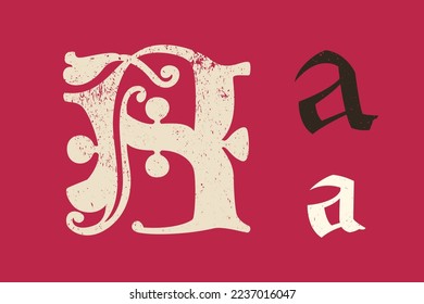 A letter drop cap logo. Illuminated initial and blackletter uppercase and lowercase. All you need to precisely imitate medieval text. Decorative element for the beginning of a paragraph or section.