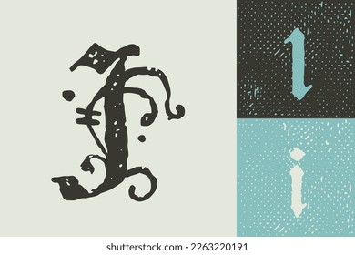 I letter drop cap logo. Illuminated initial and blackletter uppercase and lowercase. All you need to precisely imitate medieval text. Decorative element for the beginning of a paragraph or section.