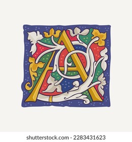 A letter drop cap logo with interlaced white vine and gilding calligraphy elements. Renaissance initial emblem. Medieval dim colored fancy luxury icon based on Ottonian and Romanesque.