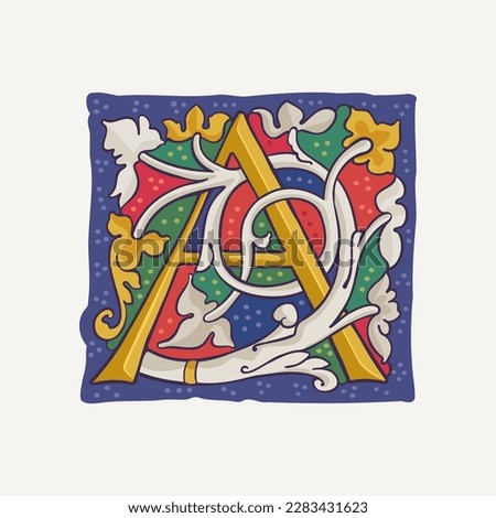 A letter drop cap logo with interlaced white vine and gilding calligraphy elements. Renaissance initial emblem. Medieval dim colored fancy luxury icon based on Ottonian and Romanesque.