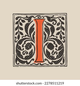 Le escribo el logo de la tapa de gota al estilo de grabado medieval. Plaza de letra negra inicial. Emblema iluminado de la edad oscura con follaje y tulipanes exuberantes. Perfecto para la identidad vintage, afiches góticos, embalaje de lujo