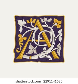 A letter drop cap logo. Square medieval initial with gold texture and white vine. Renaissance calligraphy emblem. Vector premium elements for luxury identity, vintage package, engraved charter, etc.