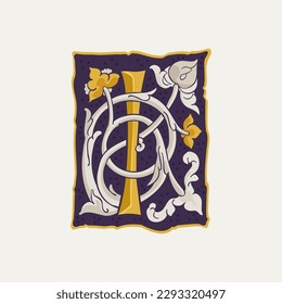 I letter drop cap logo. Square medieval initial with gold texture and white vine. Renaissance calligraphy emblem. Vector premium elements for luxury identity, vintage package, engraved charter, etc.