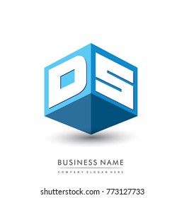 Letter DS logo in hexagon shape and blue background, cube logo with letter design for company identity.
