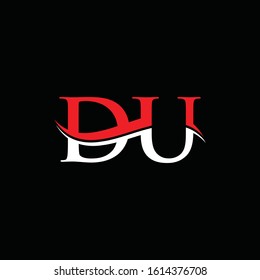 Letter DU Linked Logo Design White Red With Black Background. Initial DU Logo Template