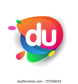 Letter DU logo with colorful splash background, letter combination logo design for creative industry, web, business and company.