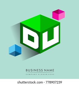 Letter DU logo in hexagon shape and green background, cube logo with letter design for company identity.
