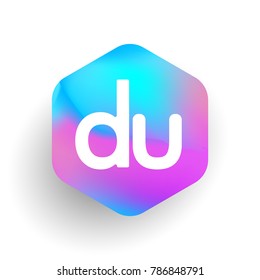 Letter DU logo in hexagon shape and colorful background, letter combination logo design for business and company identity.
