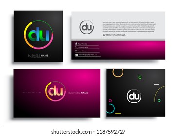 Letter DU logotype with colorful circle, letter combination logo design with ring, sets of business card for company identity, creative industry, web, isolated on white background.