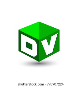 Letter DV logo in hexagon shape and green background, cube logo with letter design for company identity.
