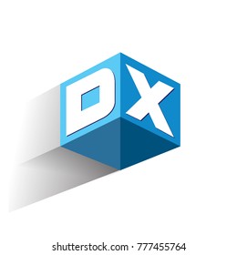 Letter DX logo in hexagon shape and blue background, cube logo with letter design for company identity.
