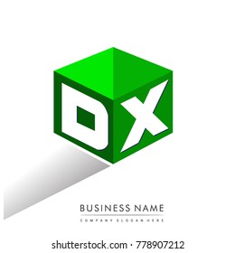 Letter DX logo in hexagon shape and green background, cube logo with letter design for company identity.
