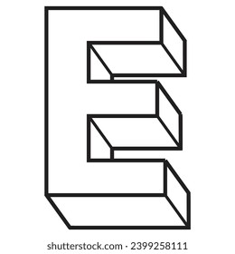 Letter E in 3d outline and vector format.