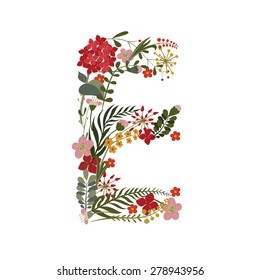 Letter E - 5 letter of the alphabet. Vector hand-drawn monogram composed of flowers, branches and leaves on a white background.
