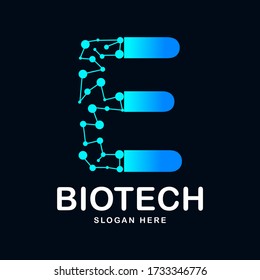 Letter E abstract biotech icon vector template logo. Suitable for biotechnology molecule atom DNA chip symbol, Medicine, science, technology, laboratory, electronics logotype