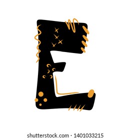 Letter E - abstract vector black font with yellow dots, stripes, lines, spots. Abc, alphabet isolated on white background. Perfect illustration for your design - print, poster, card, logo, label