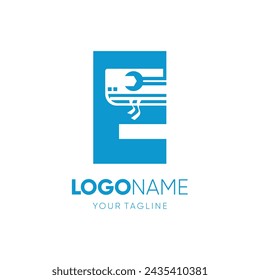 Letter E Air Conditioning Room with Wrench Service Logo Design Vector Icon Graphic Illustration