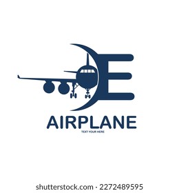 Letra E con plantilla de logotipo del vector del avión. Fuentes para eventos, promoción, logotipo, banner, monograma y afiche. Símbolo de etiqueta de alfabeto para marca e identidad