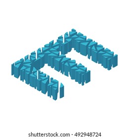 The letter E, in the alphabet broken 3d perspective isometric set blue color isolated on white background