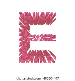 The letter E, in the alphabet broken 3d perspective set pink color isolated on white background
