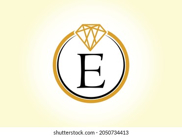 Letra E alfabeto en círculo con diamante. Logo del anillo de diamantes. Concepto de diseño de logotipo de joyería. Logo vectorial moderno para identidad empresarial y de empresa.