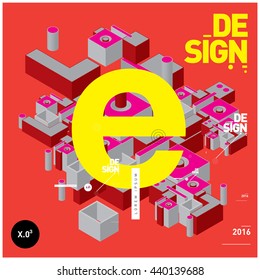 Letter E alphabet with colorful abstract isometric background illustration. Space layout and design template. Composition for poster and publication design.