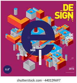 Letter E alphabet with colorful abstract isometric background illustration. Space layout and design template. Composition for poster and publication design.