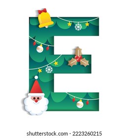 Letter E Alphabet Font Cute Merry Christmas Concept Bell Santa Claus Mistletoe Christmas Tree Character Font Christmas Element Cartoon Green 3D Paper Layer Cutout Card Vector Illustration