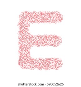 The letter E, in the alphabet Heart flower bush illustration set flat design pink color isolated on white background, vector eps10