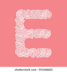 The letter E, in the alphabet Heart flower bush illustration set flat design white color isolated on pink background, vector eps10