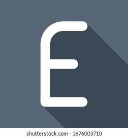 Letter E of alphabet, isolated outline symbol. White flat icon with long shadow on blue background