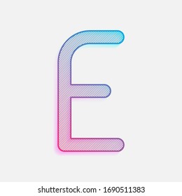 Letter E of alphabet, isolated outline symbol. Colored logo with diagonal lines and blue-red gradient. Neon graphic, light effect