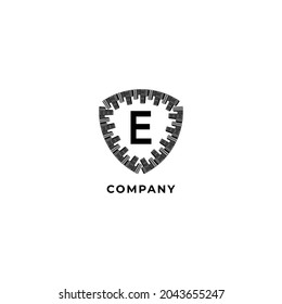 Letter E Alphabet Logo Design Template. Town shield illustration. Insurance, Security, Protection Logo Concept. isolated on white background. 
