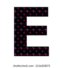 letter E of the alphabet made with a pattern of pink fuchsia flowers on a black background, isolated on white background, vector. with colors pink, red, purple, black and white