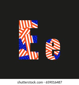 Letter E with american flag, isolated on black background