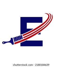 Letter E American Paint Logo Concept with Paint Brush Vector Template