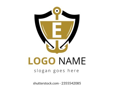 letter E with Anchor Logo Design Template. Marine, Sailing Boat Logo